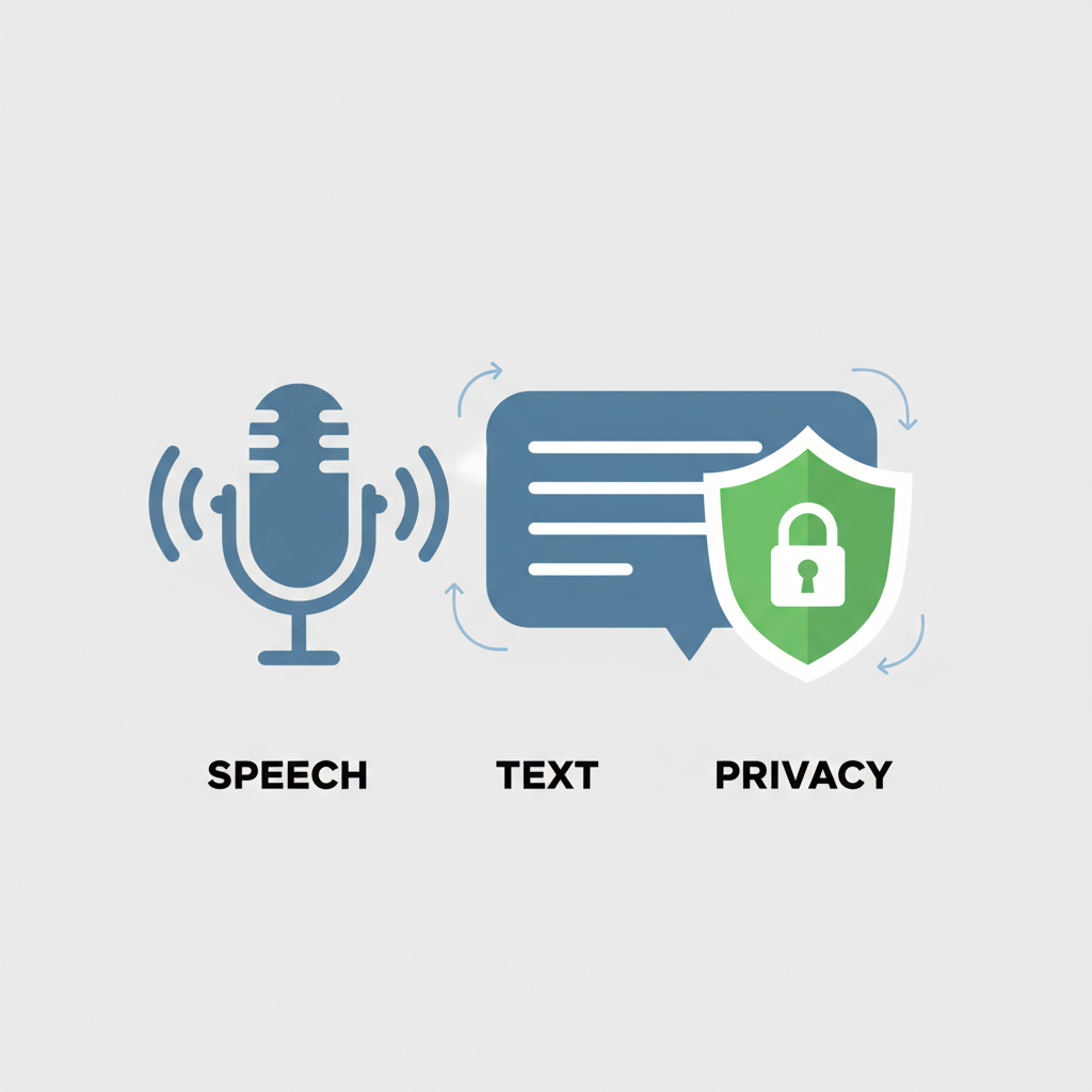 Microphone icon converting speech to text, lock privacy shield