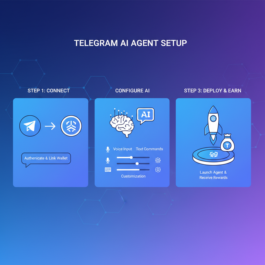 Telegram AI agent dashboard with TON blockchain icons, futuristic interface