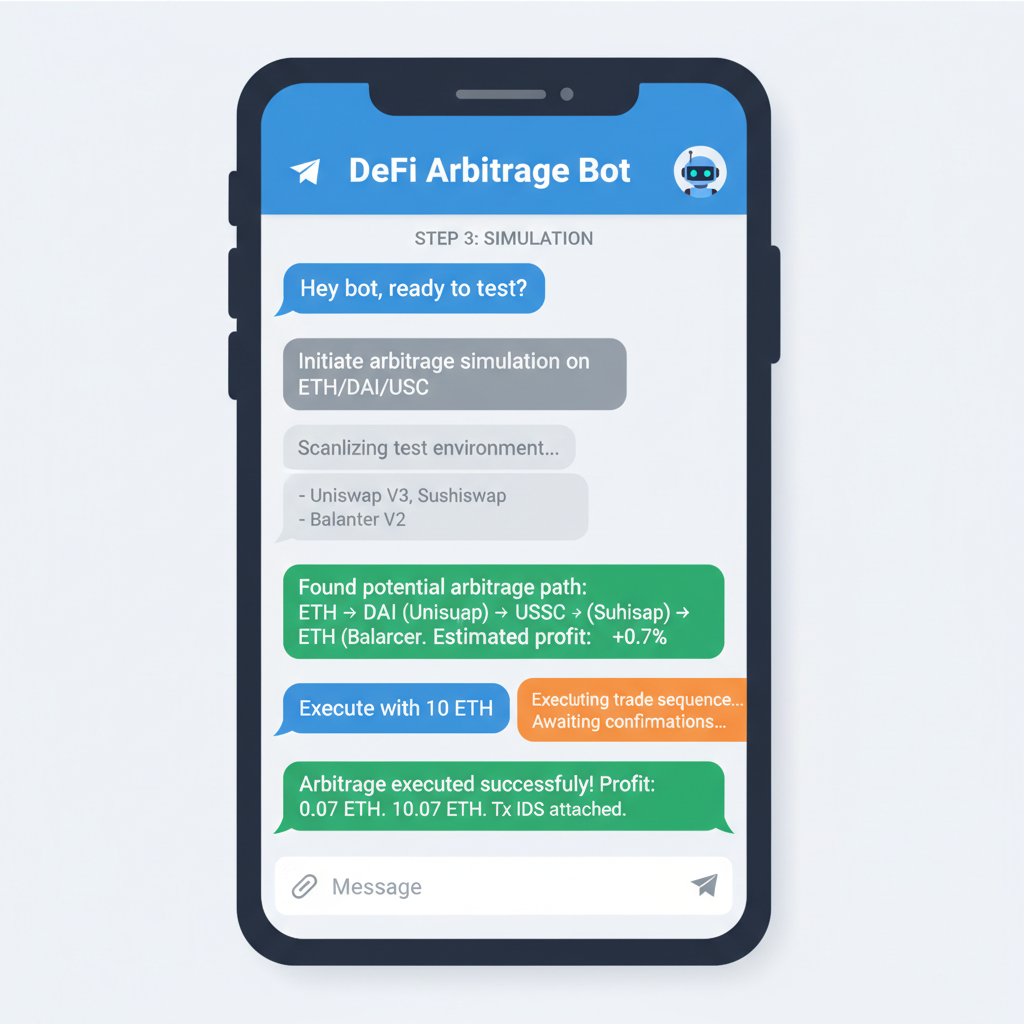 Telegram chat simulation interface with AI agent testing DeFi arbitrage execution