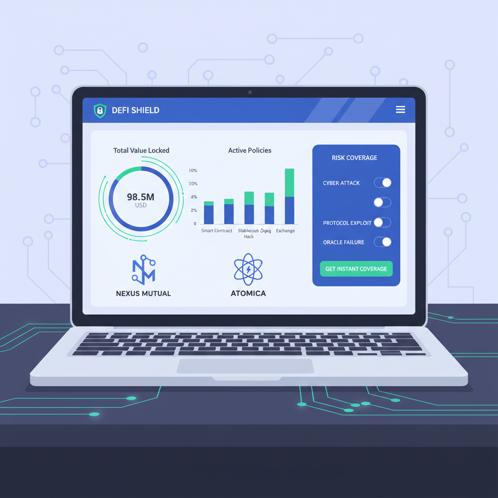 DeFi insurance providers dashboard on laptop screen, charts and logos of Nexus Mutual and Atomica, cyber security theme, clean UI
