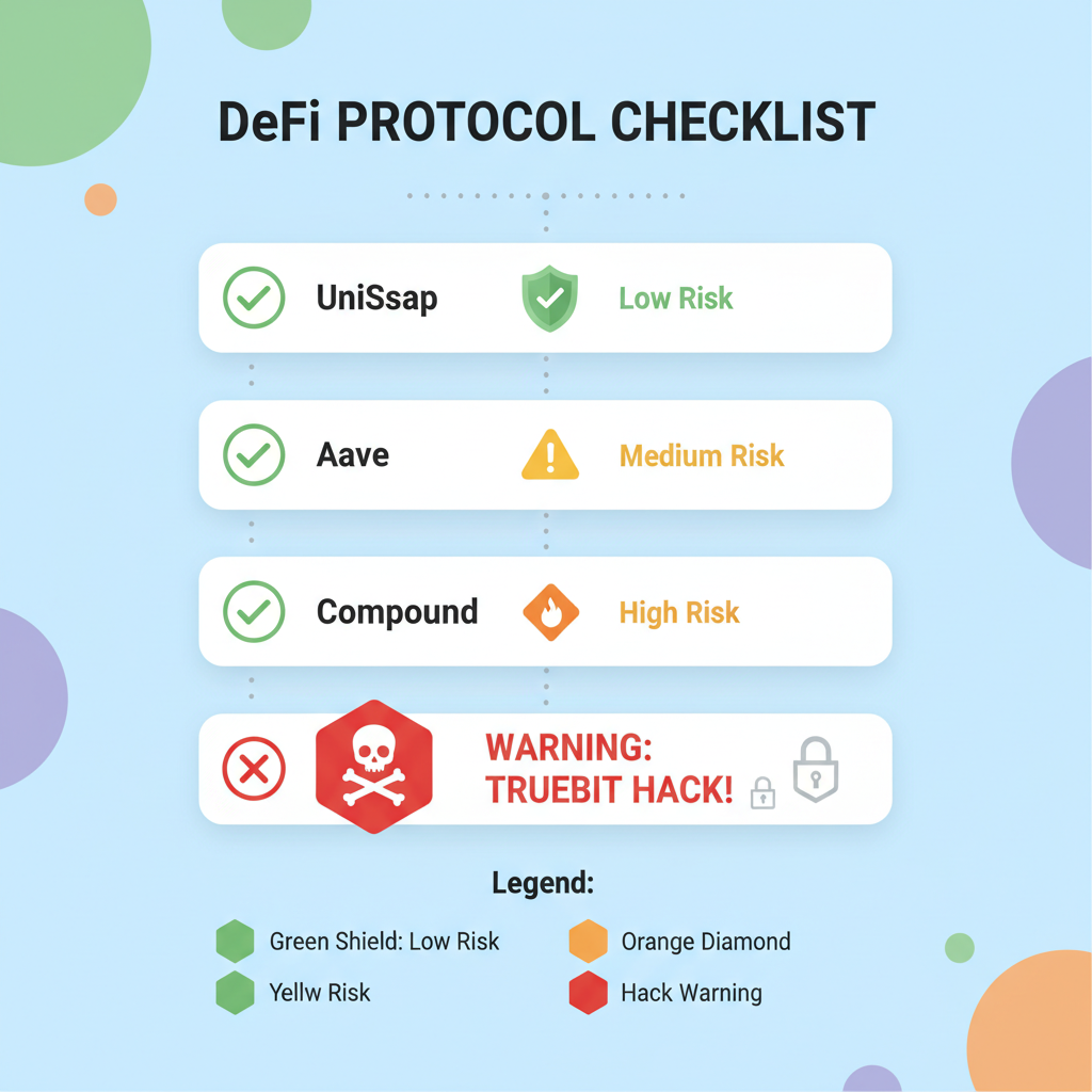List of DeFi protocols on a checklist with risk indicators, Truebit hack warning icon, modern infographic style