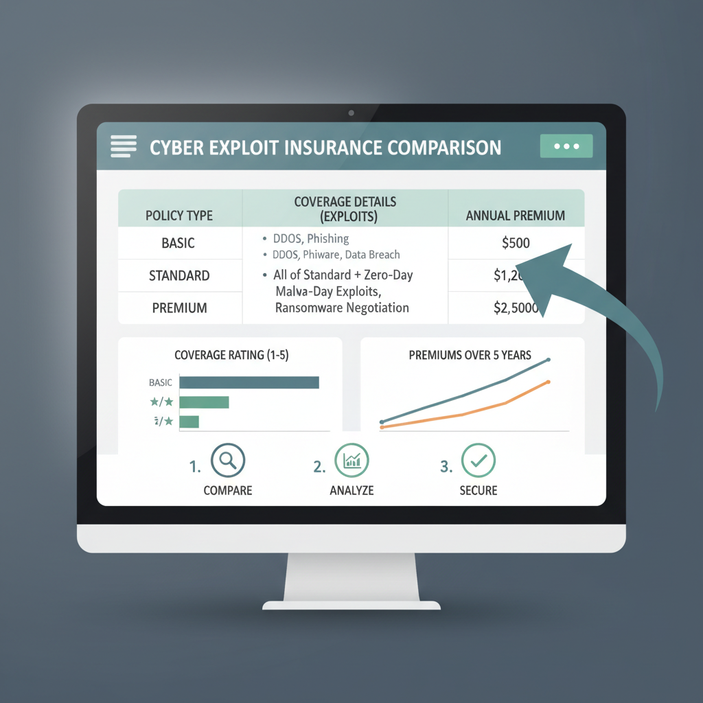 Insurance policy comparison table on screen, coverage details for exploits, graphs showing premiums, professional finance UI