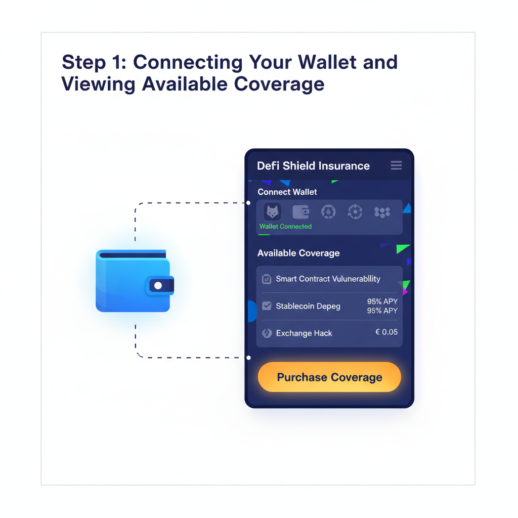 Wallet connecting to DeFi insurance app, purchase coverage button highlighted, transaction confirmation popup, futuristic interface