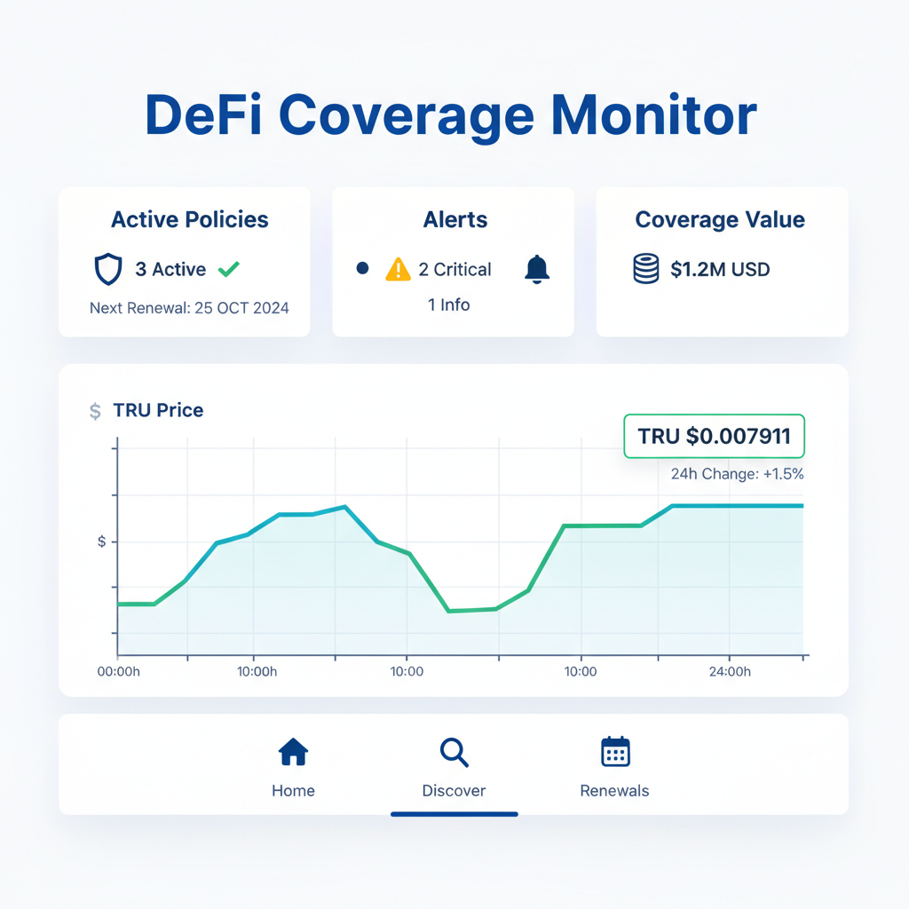 Dashboard monitoring DeFi coverage policies, alerts and renewal reminders, real-time charts with TRU price $0.007911