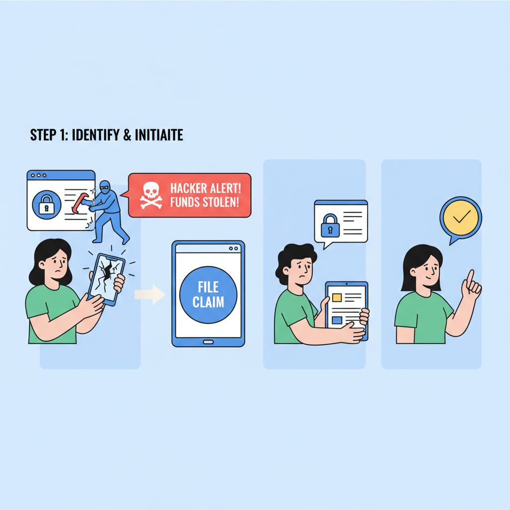 Filing insurance claim form on DeFi platform, evidence documents and hacker alert, step-by-step claim process illustration