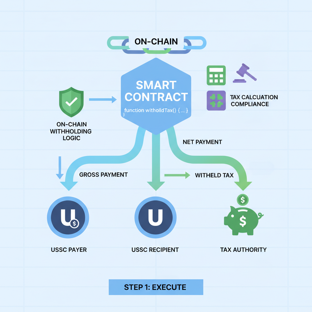 smart contract executing on-chain tax withholding with USDC flows and tax icons