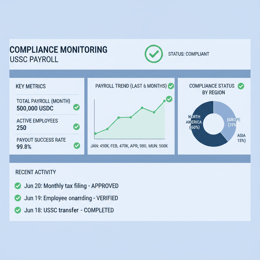 compliance monitoring dashboard showing USDC payroll metrics, charts, and green checkmarks