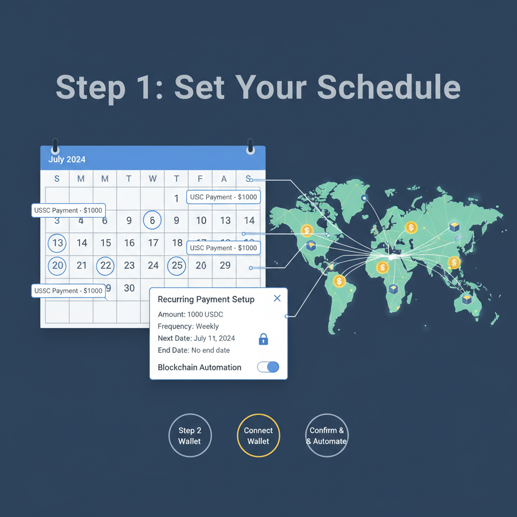calendar scheduling recurring USDC payments with blockchain automation and global map