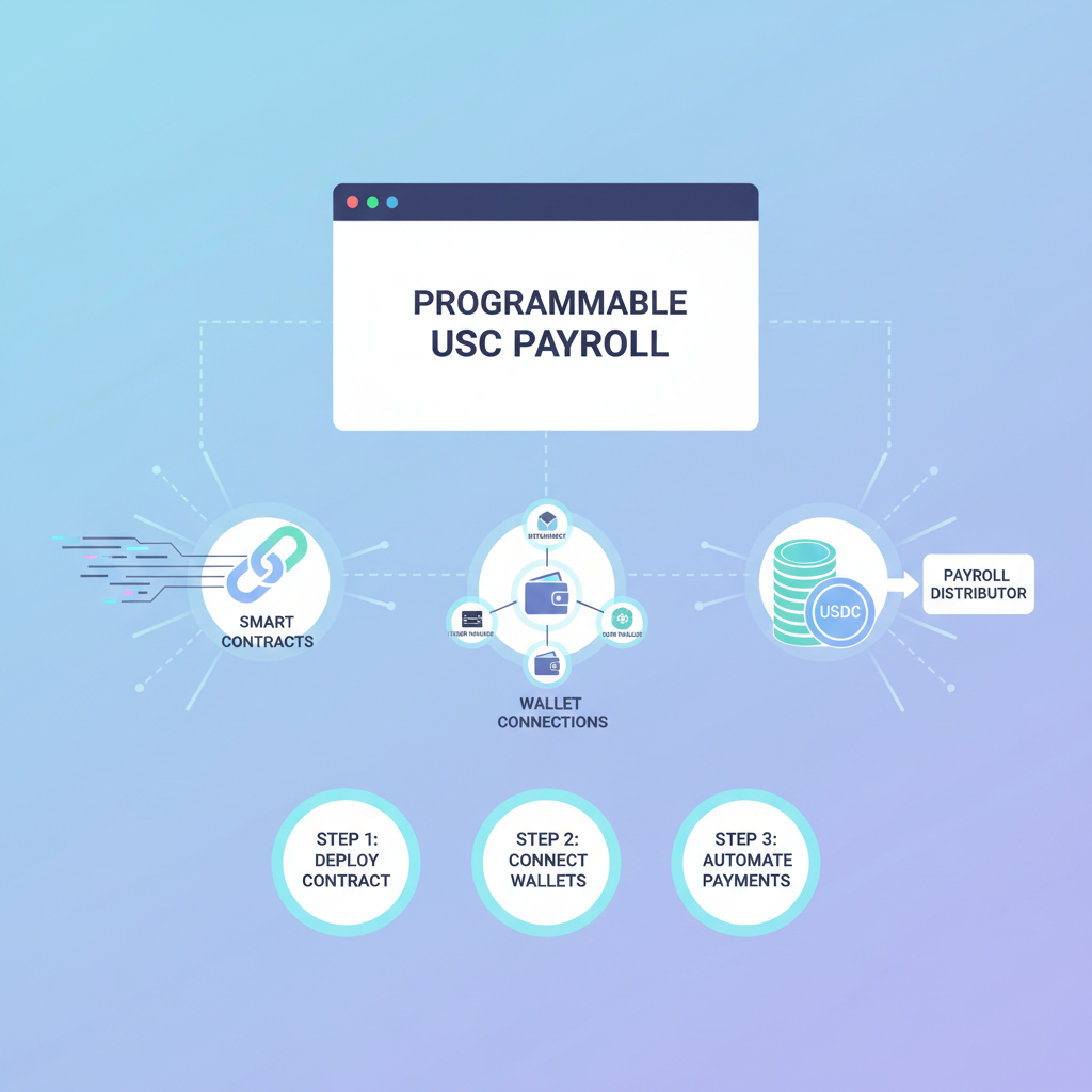 programmable USDC payroll dashboard setup with smart contracts and wallet connections glowing