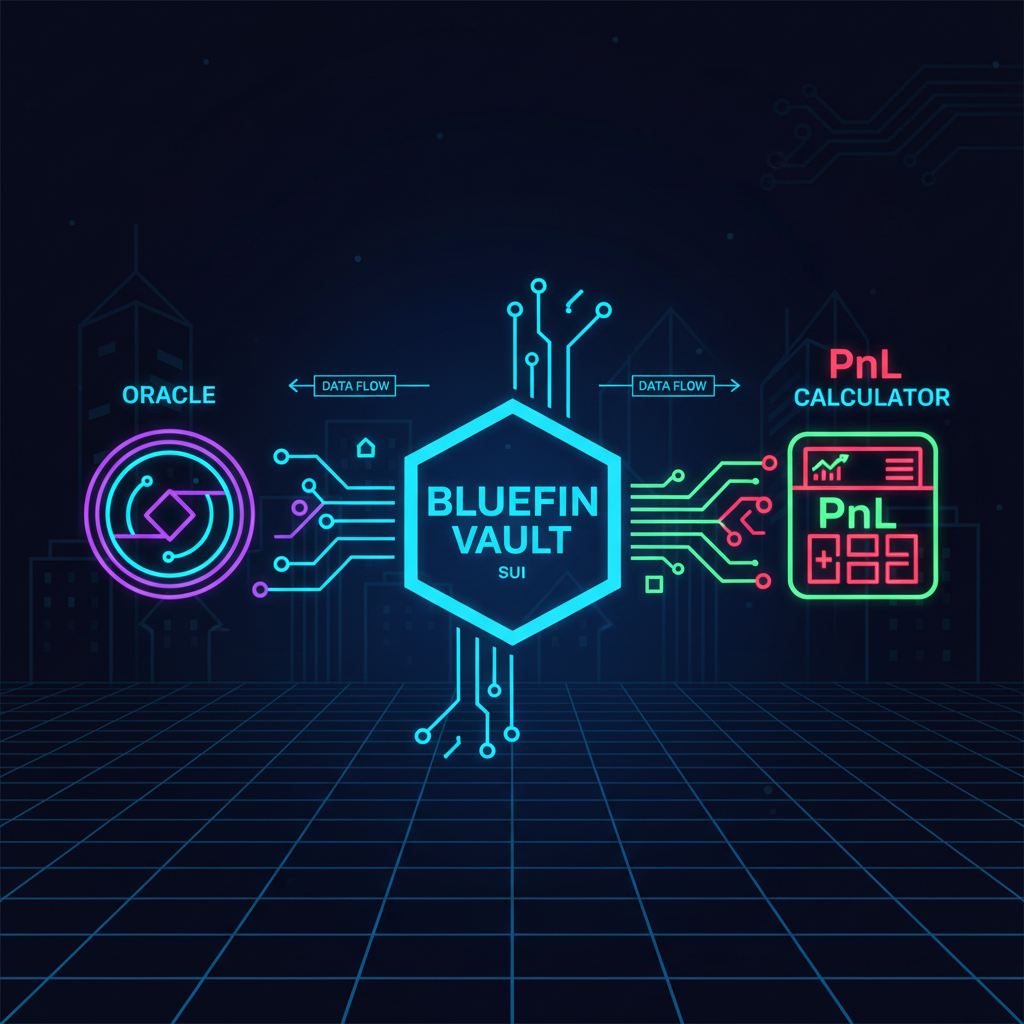 Bluefin vault query on Sui blockchain, data flowing from oracle to PnL calculator, neon cyberpunk style