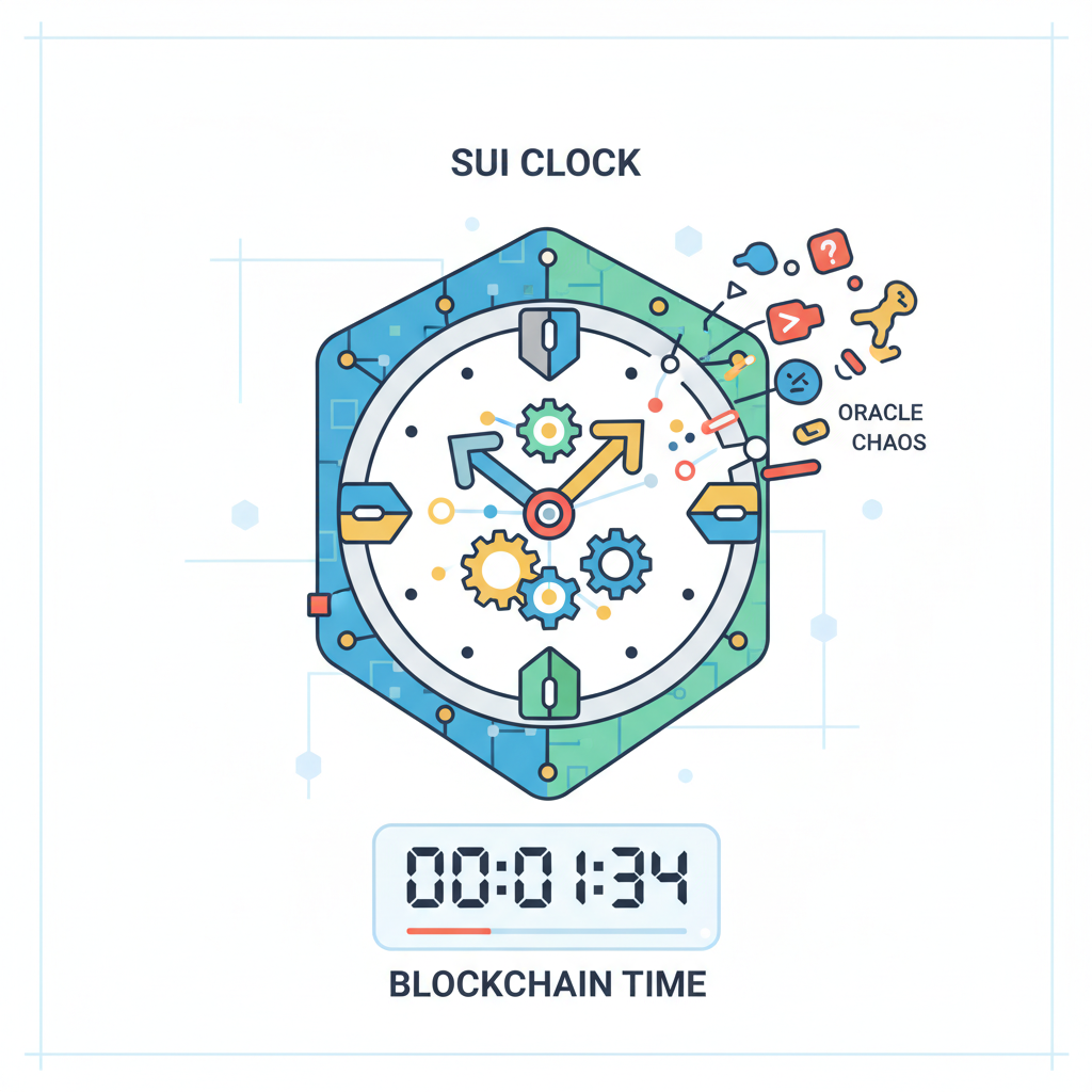 Sui clock object ticking in blockchain, tamper-proof shield vs oracle chaos, high-tech timer