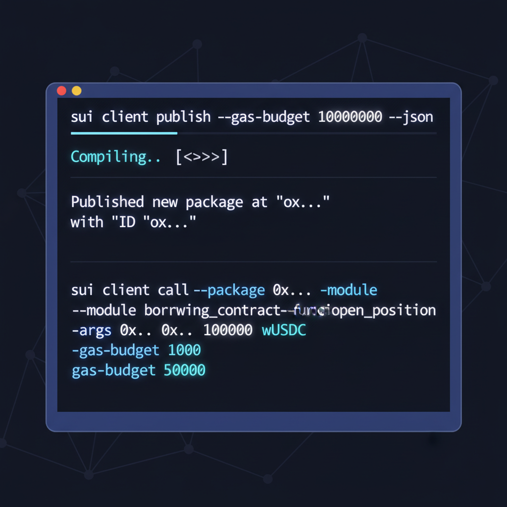 Sui CLI terminal deploying Move contract to testnet, wUSDC position opening, command line glow