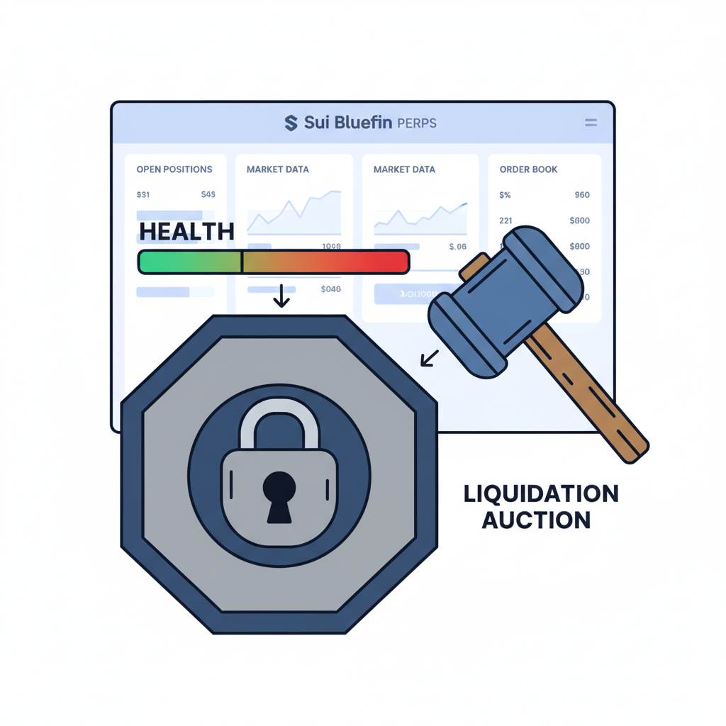 Self-custodial vault with health bar, liquidation auction hammer, Sui Bluefin perps dashboard