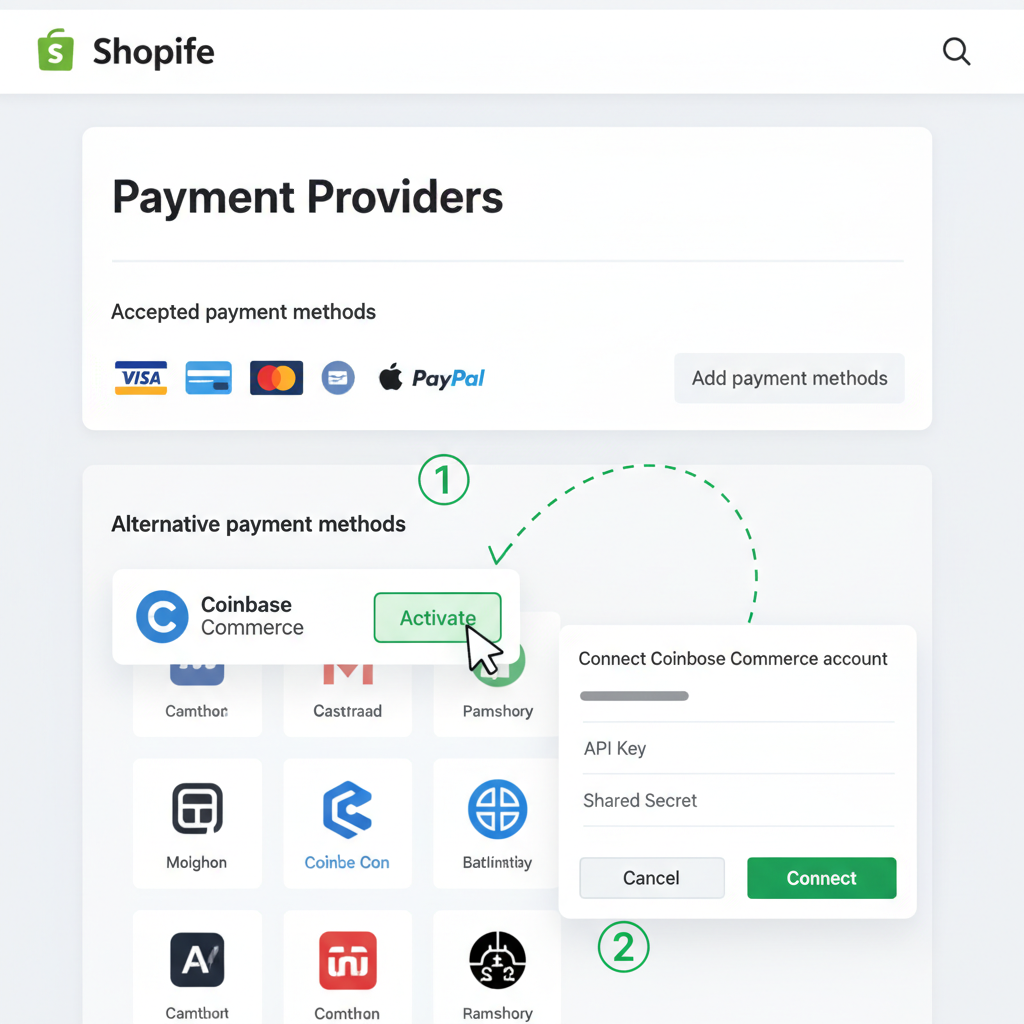 Shopify payments settings page activating Coinbase Commerce gateway, clean interface