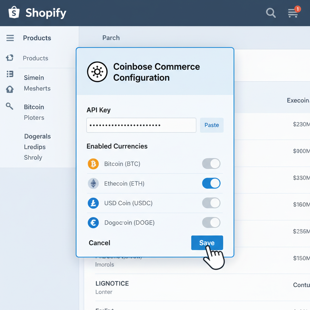 Shopify admin configuring Coinbase Commerce app, API key input and currency toggles visible