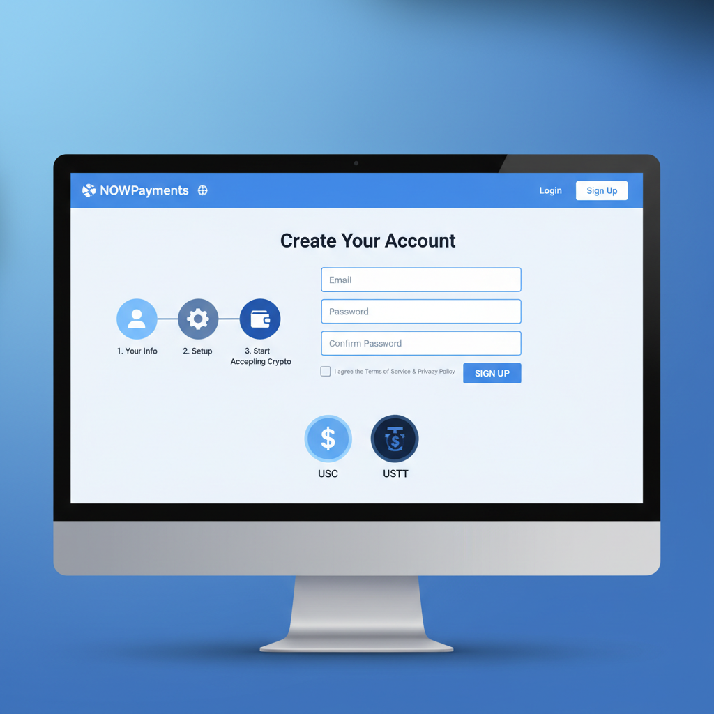 Clean screenshot of NOWPayments signup page, modern blue interface, crypto icons for USDC USDT