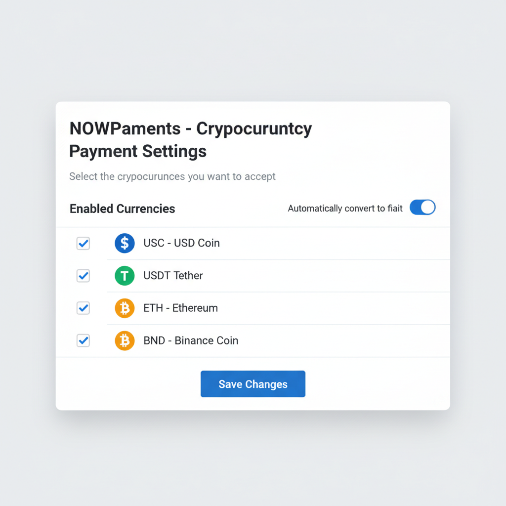 NOWPayments Shopify config selecting USDC USDT checkboxes, currency list interface