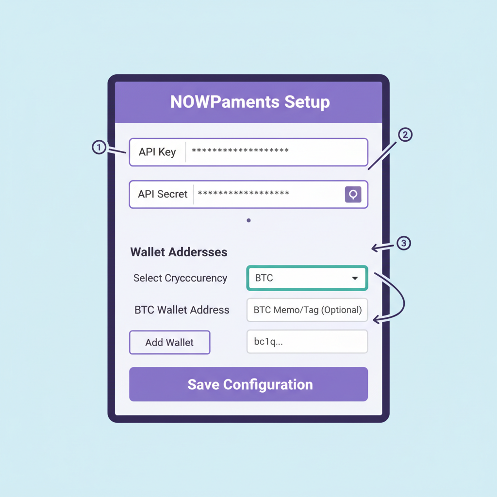 Shopify NOWPayments app config screen, API key input fields, wallet address setup