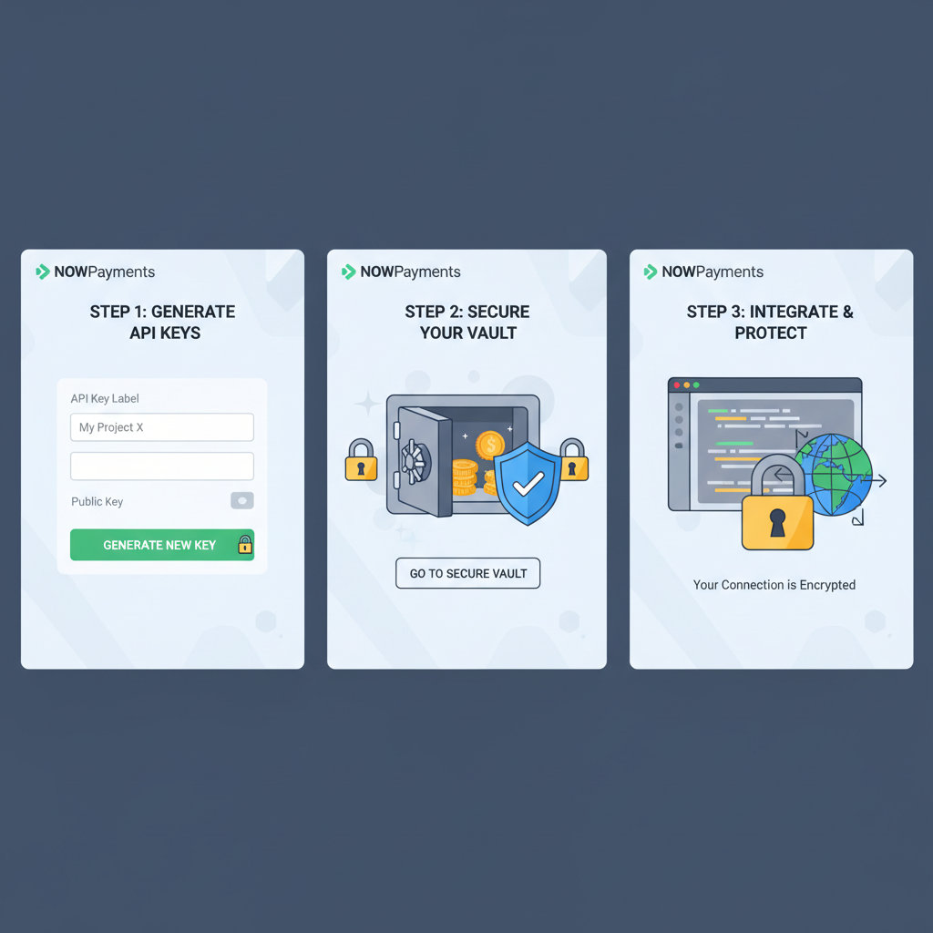 NOWPayments dashboard showing API keys generation, secure vault interface, padlock icons