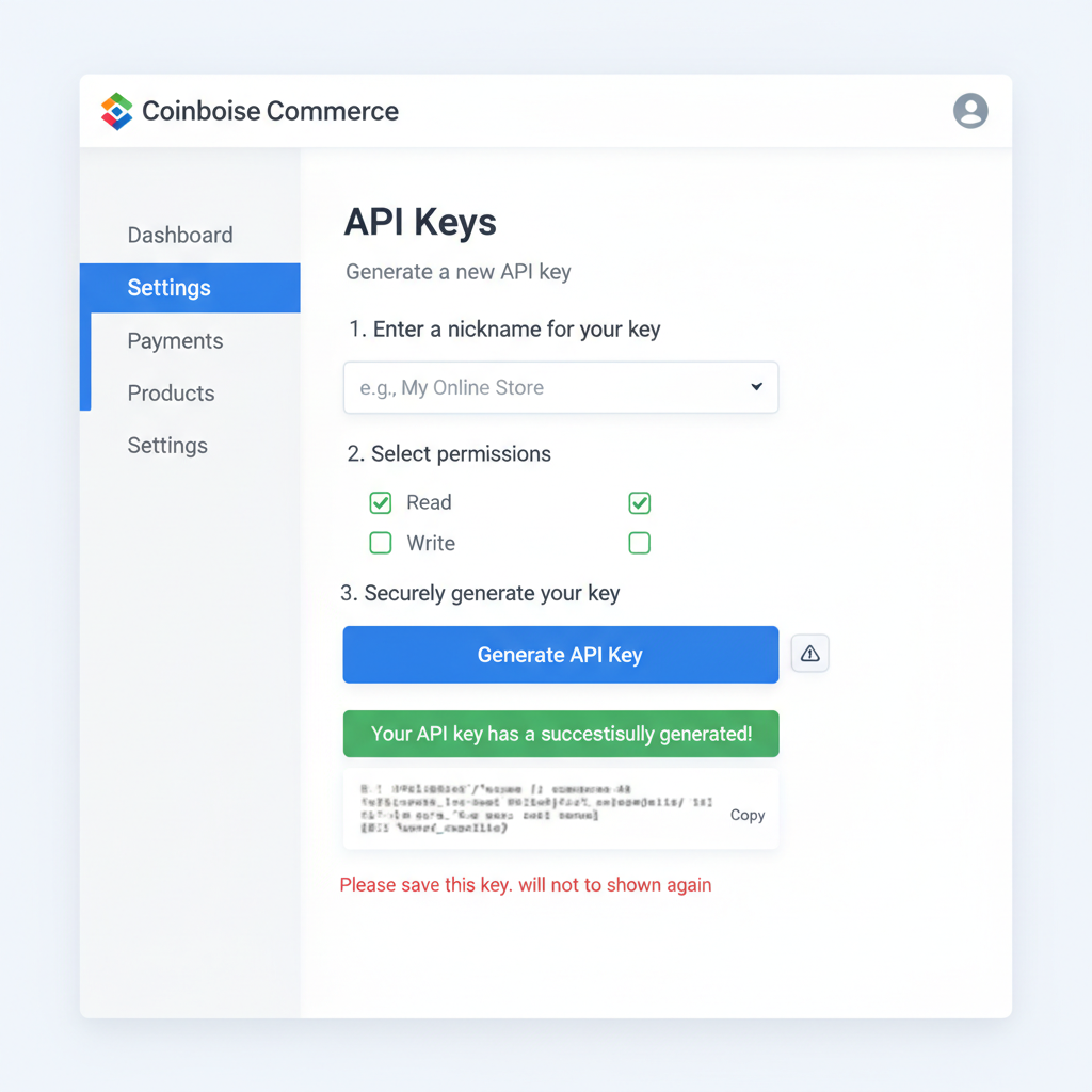 Coinbase Commerce dashboard API key generation screen, secure key display, professional UI