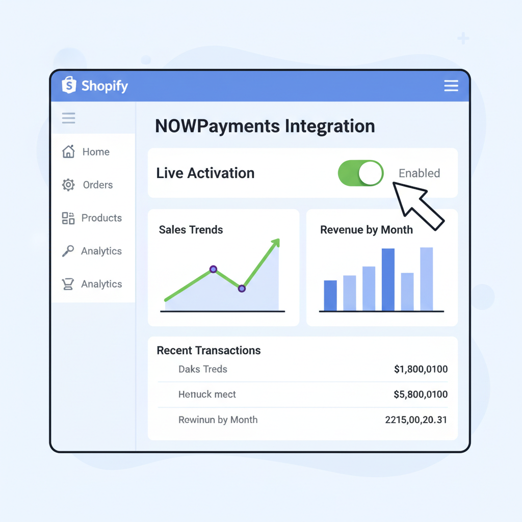 NOWPayments live activation toggle in Shopify, dashboard with transaction graphs