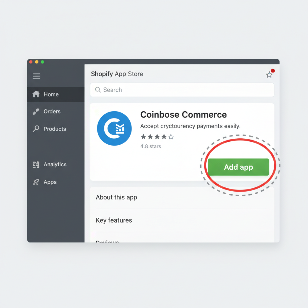 Shopify App Store page for Coinbase Commerce app, install button highlighted, store dashboard view