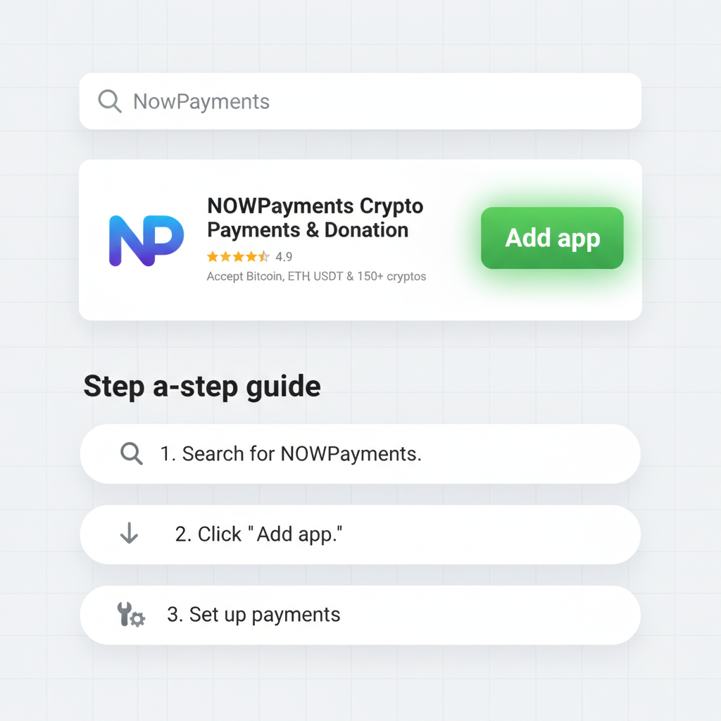 Shopify app store page for NOWPayments, search results, install button highlighted