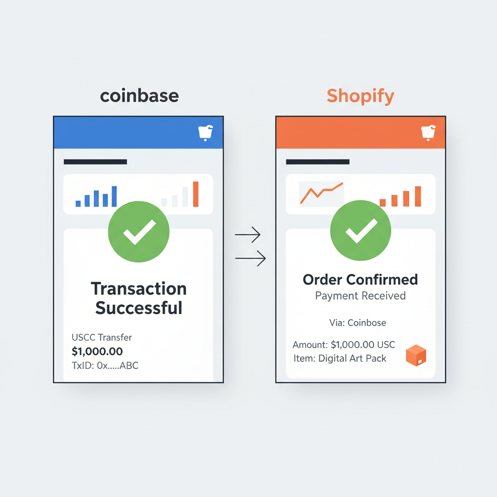 split screen Coinbase and Shopify dashboards showing successful USDC transaction