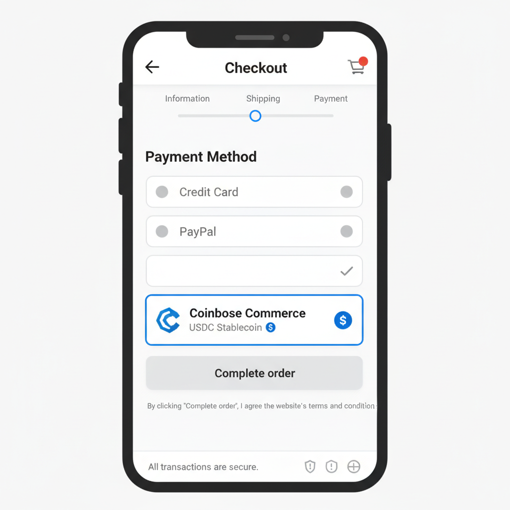 Shopify checkout screen with Coinbase Commerce USDC payment option selected, mobile view