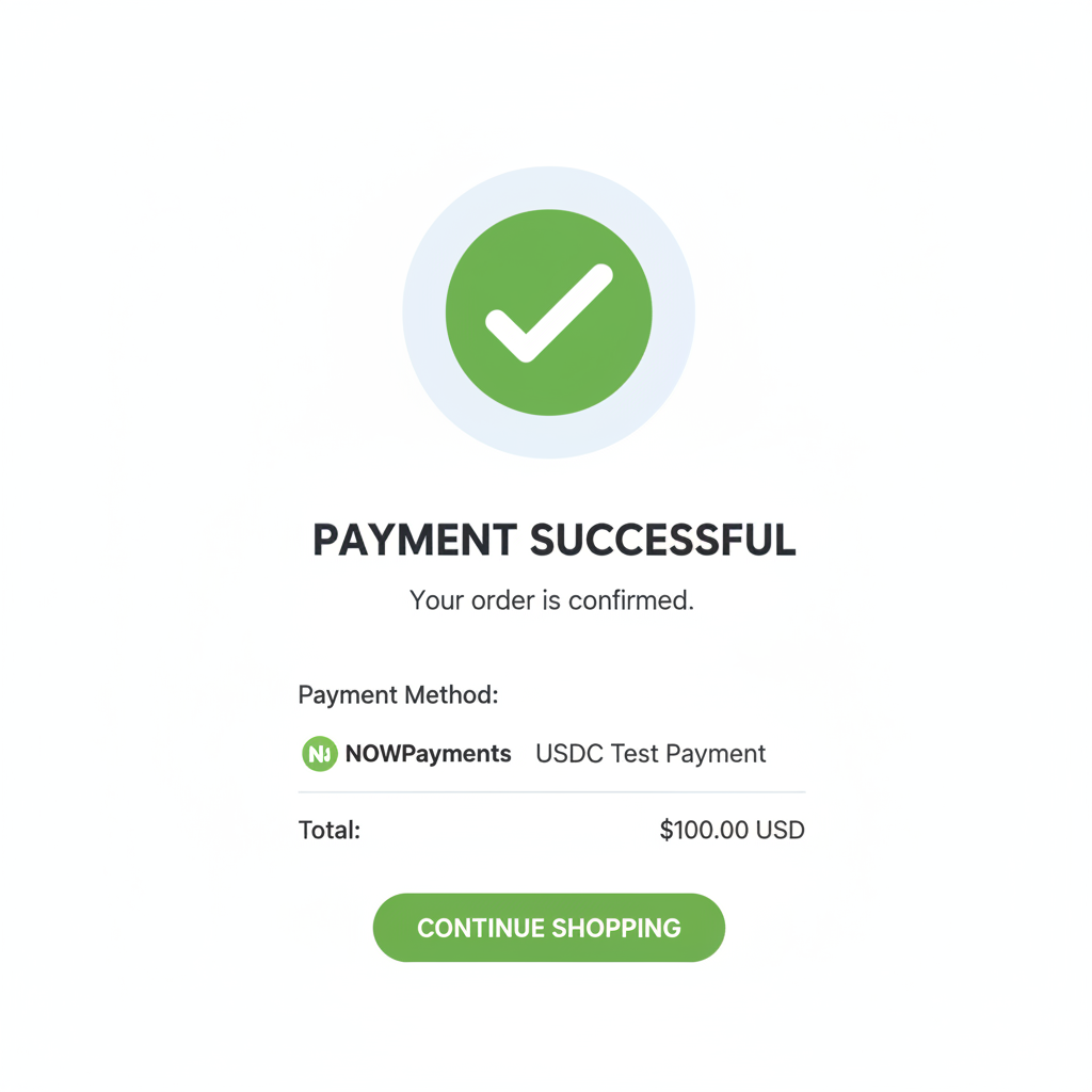 Shopify checkout with NOWPayments USDC test payment, success screen, green checkmark