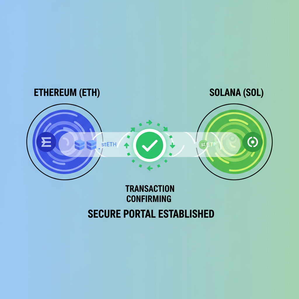 wormhole bridge interface bridging steth from eth to solana, transaction confirming, secure portal graphic