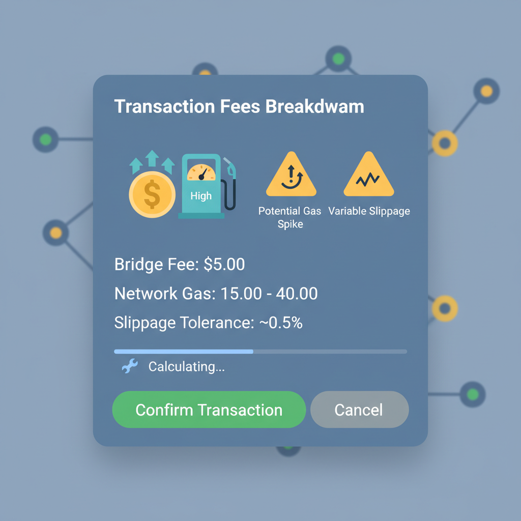 Fee breakdown popup on crypto bridge, dollar signs and gas meter, warning icons for spikes