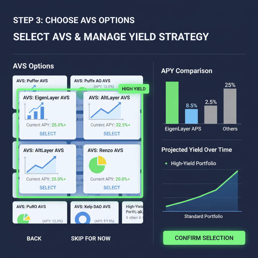 solayer avs selection screen, highlighted high yield options, charts comparing apys