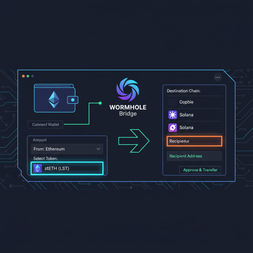 ethereum metamask wallet connected to wormhole bridge ui, selecting steth lst, solana destination, cyberpunk neon glow