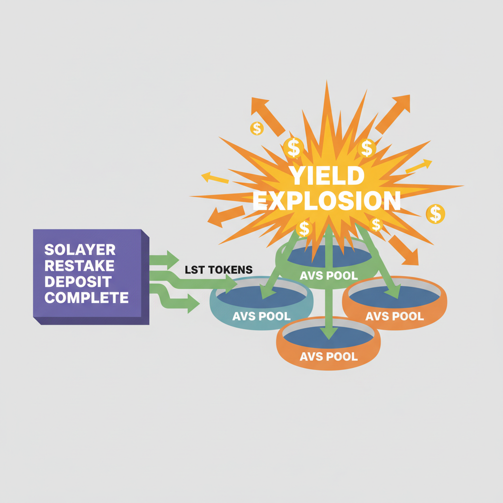 solayer restake deposit complete, lst tokens flowing into avs pools, yield explosion graphic