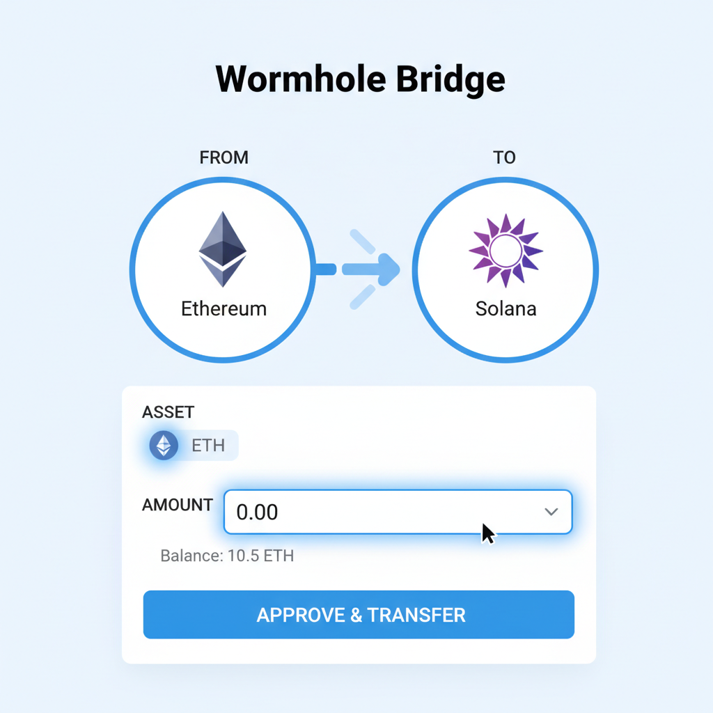 Wormhole bridge interface with ETH selected from Ethereum to Solana, amount input field highlighted
