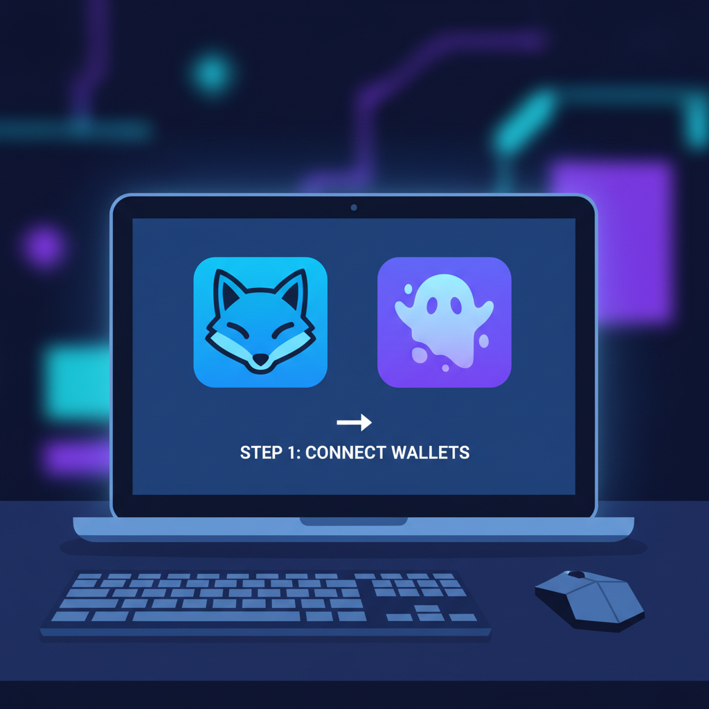 sleek MetaMask and Phantom wallet icons side by side on laptop screen, crypto setup vibe, vibrant blues and purples