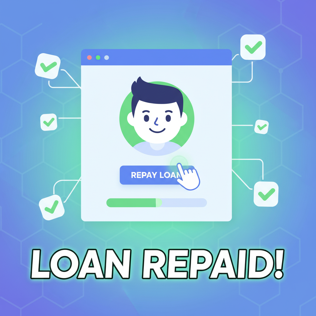 vibrant illustration of user repaying loan on Aave V3 dashboard, blockchain checkmarks, green success glow