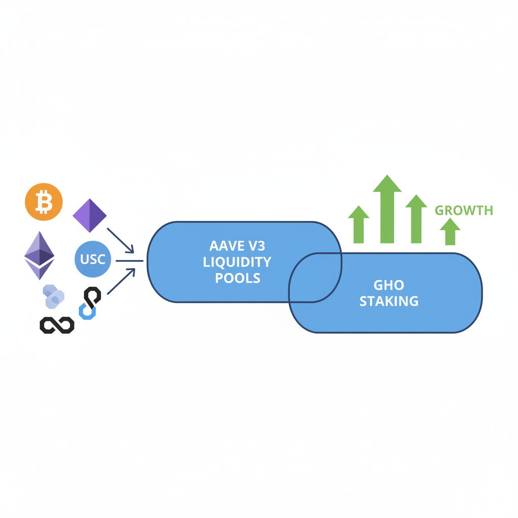 diverse crypto assets flowing into Aave V3 liquidity pools, GHO staking, growth arrows upward
