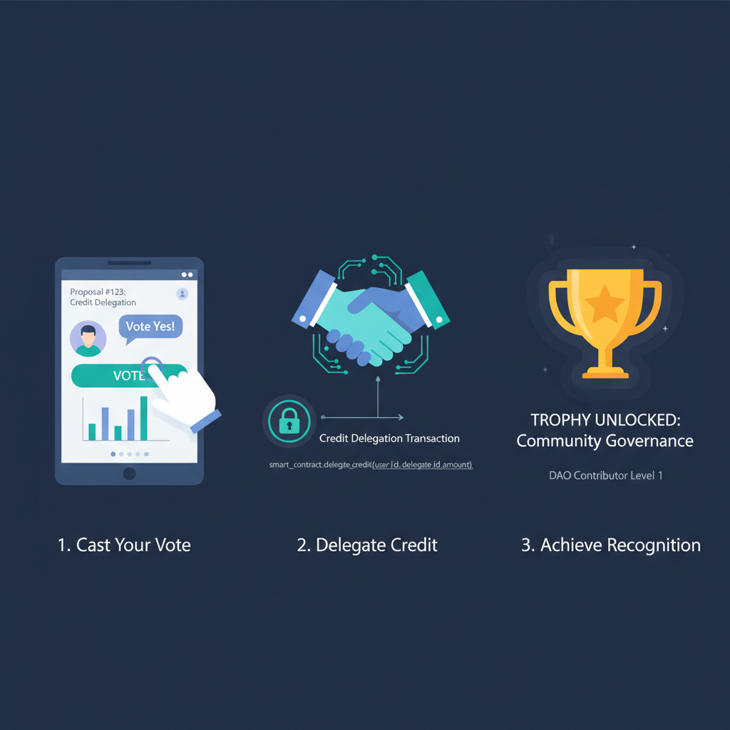 user voting in Aave DAO interface, credit delegation handshake on blockchain, trophy unlock