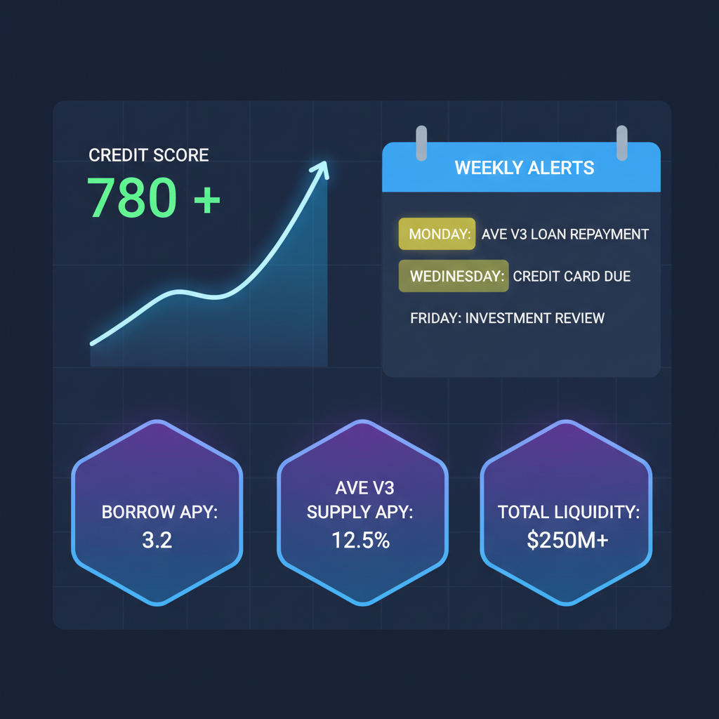 dashboard screen with rising credit score graph, weekly calendar alerts, Aave V3 metrics glowing