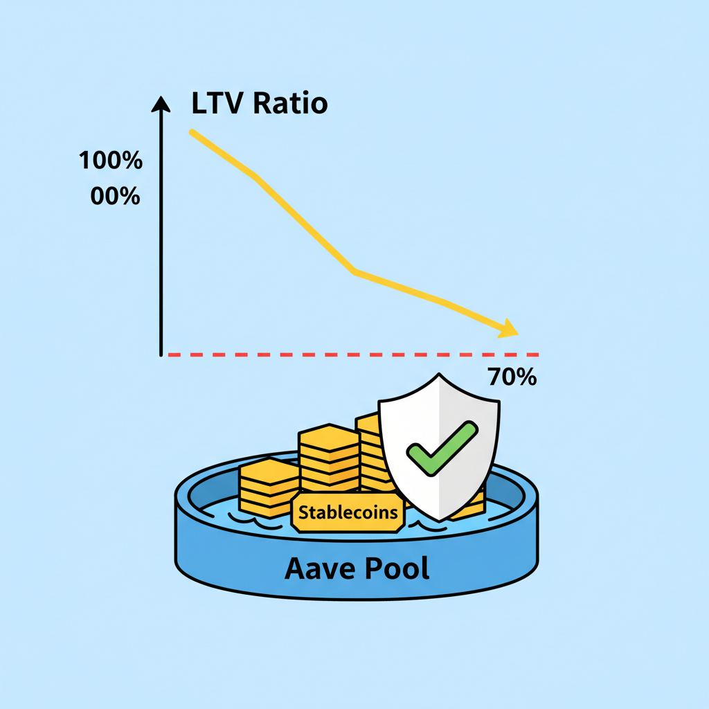 cartoon graph showing LTV ratio dropping under 70%, stablecoins stacking safely in Aave pool, shield icon