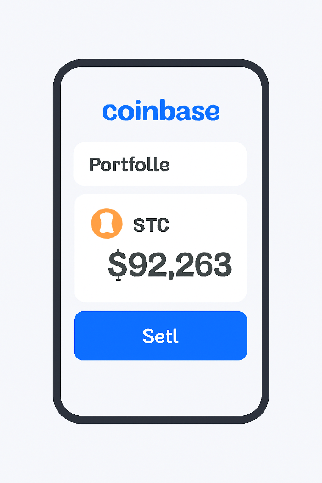 Coinbase portfolio screen showing BTC holding at $92,263 with sell option