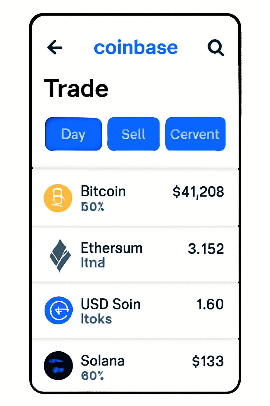 Coinbase mobile app trade tab navigation, intuitive buttons and crypto list