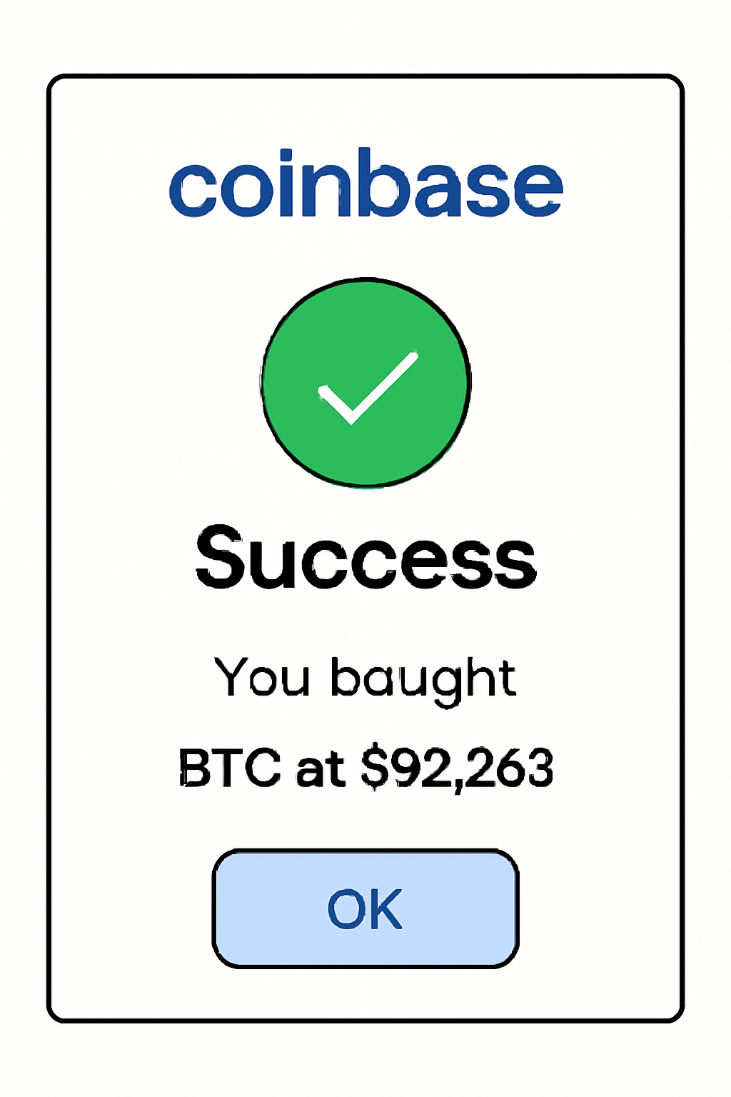Coinbase trade confirmation popup for BTC buy at $92,263, success checkmark