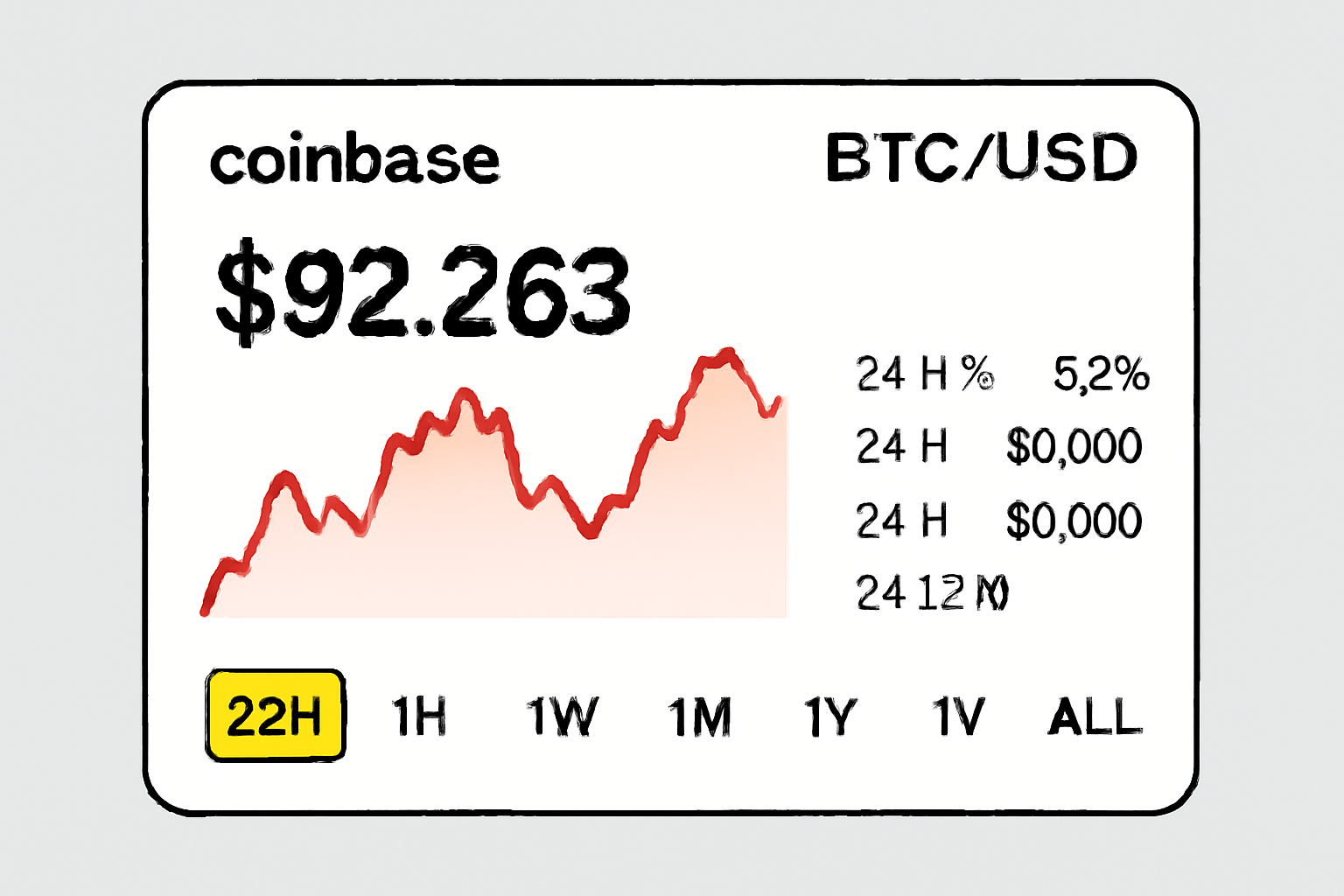 Coinbase BTC/USD trading pair screen with price $92,263 chart, 24h data highlighted