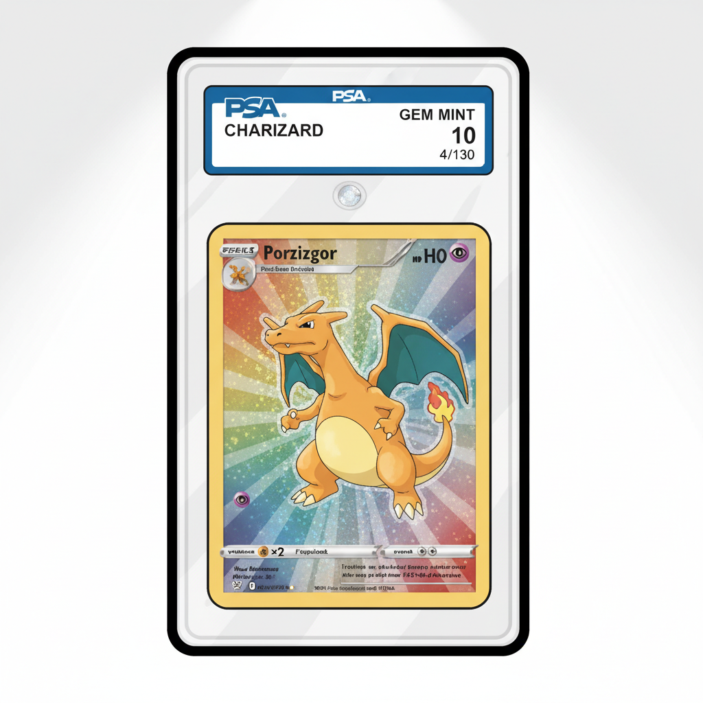 PSA graded Pokemon card slab close-up, perfect condition, holographic shine, professional lighting
