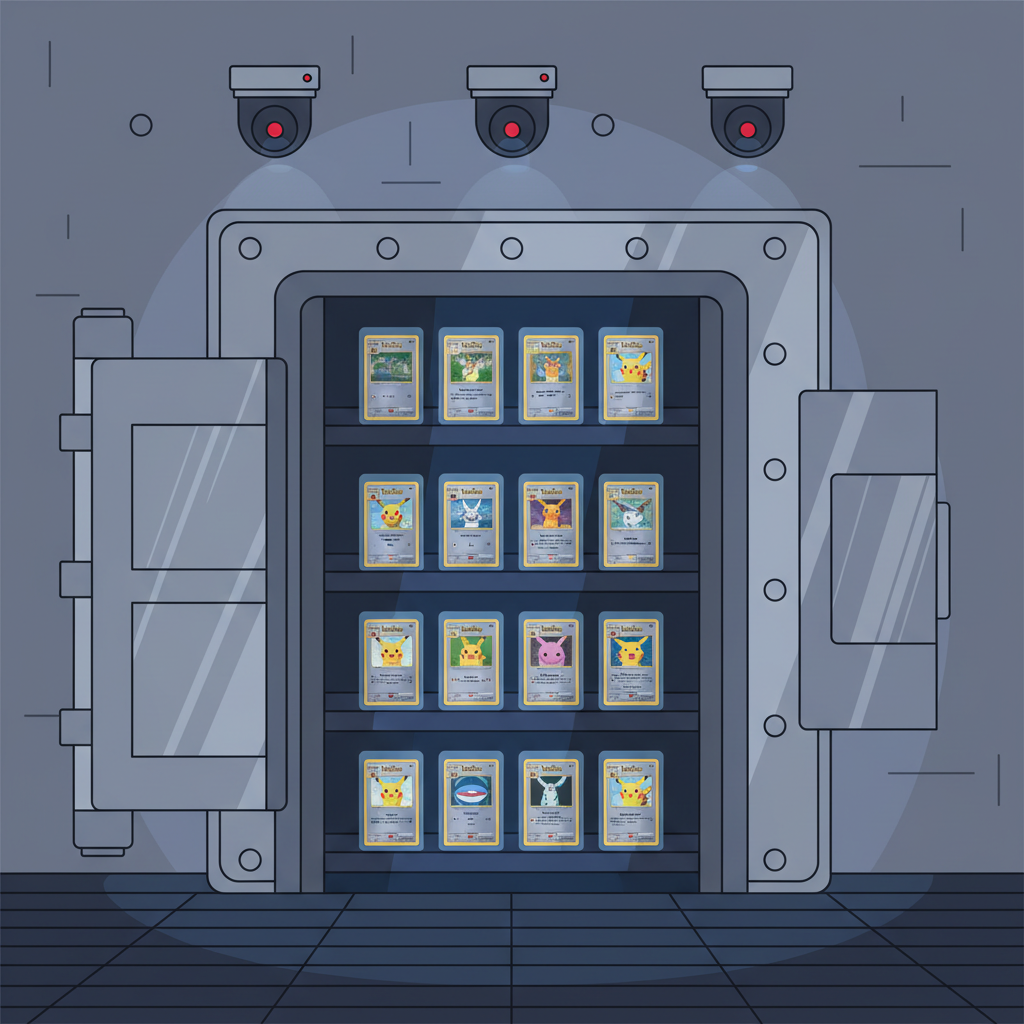 High-security vault storing graded Pokemon cards, metallic doors, surveillance cameras, dim blue lighting