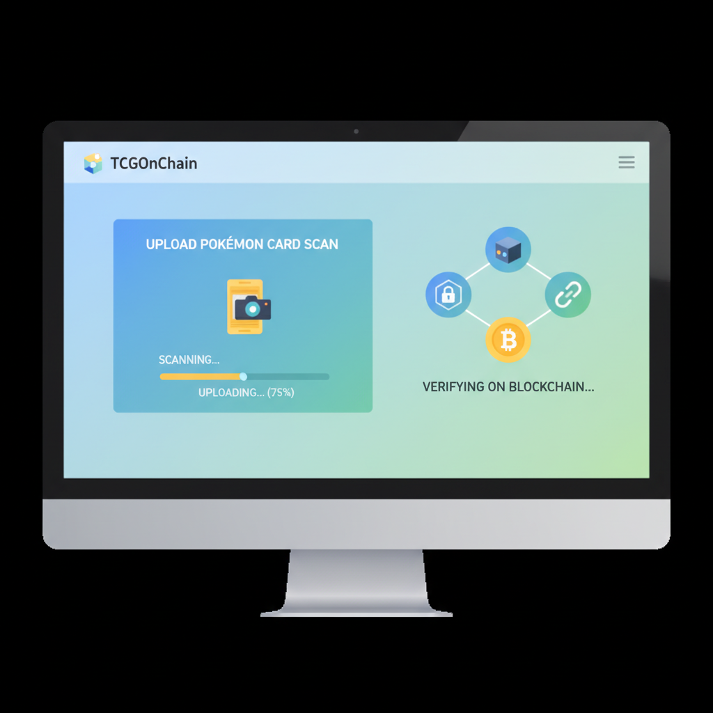 Computer screen showing TCGOnChain dashboard, uploading Pokemon card scan, blockchain icons, modern UI