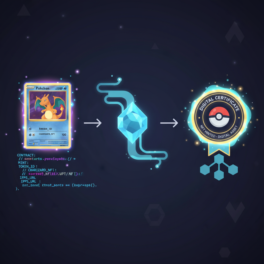 Blockchain smart contract minting NFT of Pokemon card, digital certificate glowing, code snippets, ethereal glow